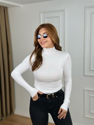 Beyaz Yarım Balıkçı Uzun Kol Modal Kumaş Body 11024