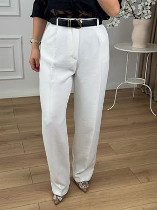 Beyaz Yüksek Bel Pileli Palazzo Pantolon 51024