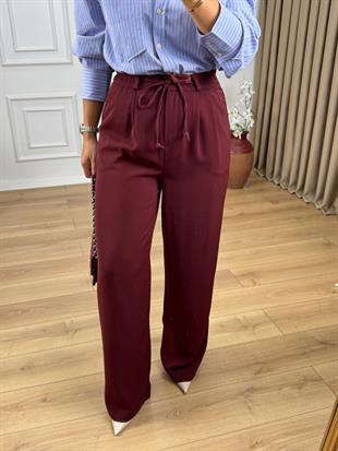 Bordo Beli Lastikli Yanları Cepli Bağcıklı Krep Kumaş Bol Paça Pantolon 3709