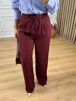 Bordo Beli Lastikli Yanları Cepli Bağcıklı Krep Kumaş Bol Paça Pantolon 3709