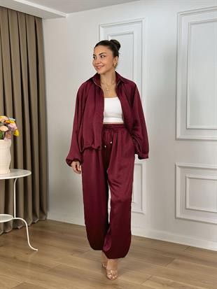 Bordo Beli Lastikli Yarasa Kol Oversize Kalıp Ceket Pantolon Takım 26101
