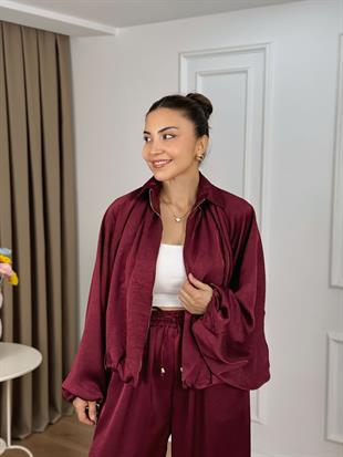 Bordo Beli Lastikli Yarasa Kol Oversize Kalıp Ceket Pantolon Takım 26101