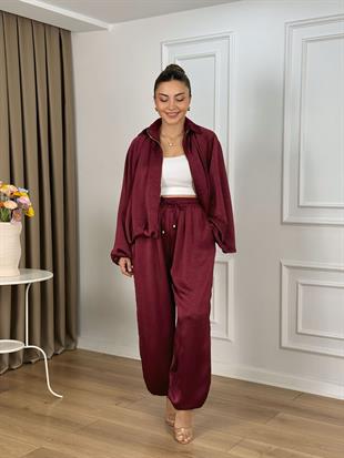 Bordo Beli Lastikli Yarasa Kol Oversize Kalıp Ceket Pantolon Takım 26101