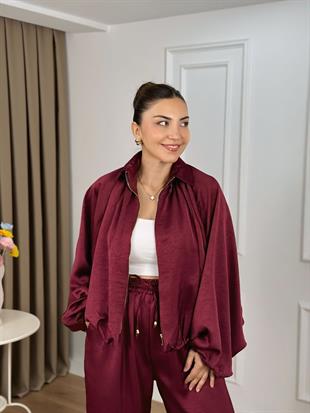 Bordo Beli Lastikli Yarasa Kol Oversize Kalıp Ceket Pantolon Takım 26101