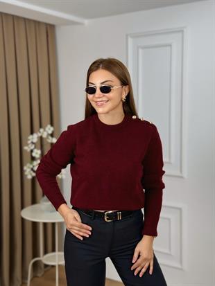 Bordo Bisiklet Yaka Apoletli Yünlü Triko 25739