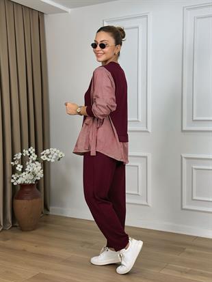 Bordo Bisiklet Yaka Bağlamalı Modal Kumaş Takım 2307