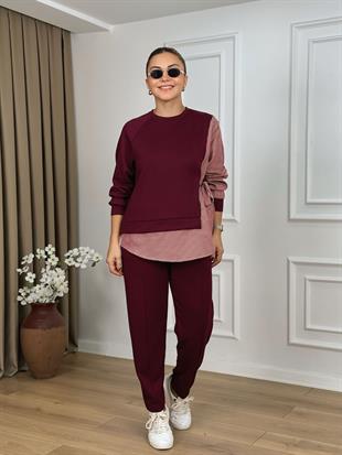 Bordo Bisiklet Yaka Bağlamalı Modal Kumaş Takım 2307