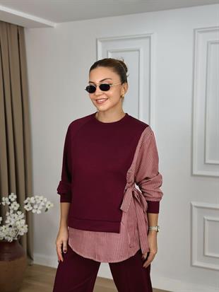 Bordo Bisiklet Yaka Bağlamalı Modal Kumaş Takım 2307