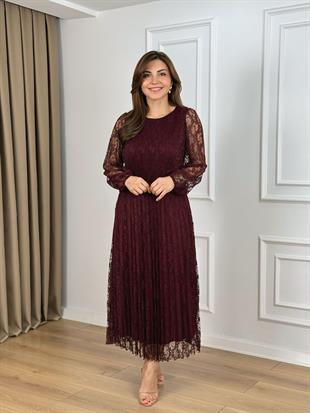 Bordo Bisiklet Yaka Dantel Detaylı Piliseli Astarlı Elbise 262736