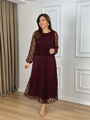 Bordo Bisiklet Yaka Dantel Detaylı Piliseli Astarlı Elbise 262736