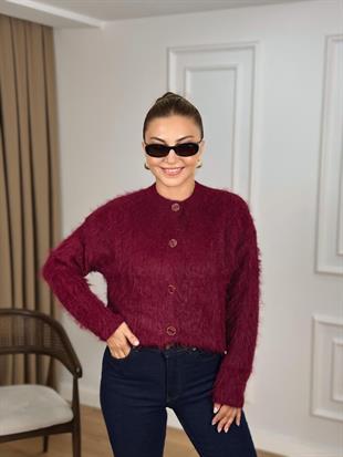 Bordo Bisiklet Yaka Gold Düğmeli Sakallı Hırka 2004