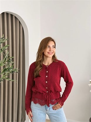 Bordo Bisiklet Yaka Kolları Dantelli Beli Büzgülü Merserize Hırka 5539