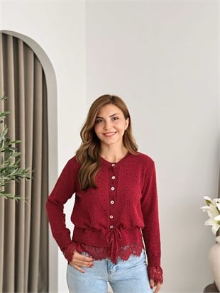 Bordo Bisiklet Yaka Kolları Dantelli Beli Büzgülü Merserize Hırka 5539