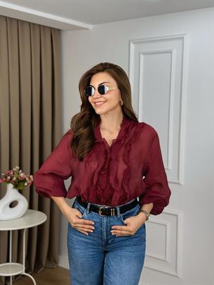 Bordo Bisiklet Yaka Organik Kumaş Fırfırlı Bluz 5023