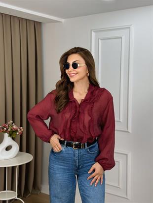 Bordo Bisiklet Yaka Organik Kumaş Fırfırlı Bluz 5023