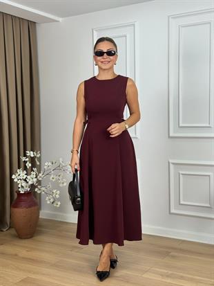 Bordo Bisiklet Yaka Parçalı Kemer Detaylı Krep Kumaş Elbise 2313