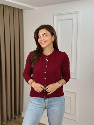 Bordo Bisiklet Yaka Sedef Düğmeli Uzun Kollu Triko 25413
