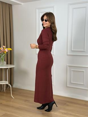 Bordo Degaje Yaka Gold Tokalı Kaşkorse Elbise 265097