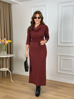 Bordo Degaje Yaka Gold Tokalı Kaşkorse Elbise 265097