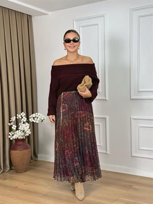 Bordo Desenli Zincir Kemerli Piliseli Etek 041101