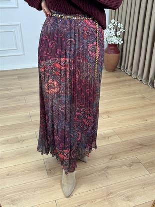 Bordo Desenli Zincir Kemerli Piliseli Etek 041101