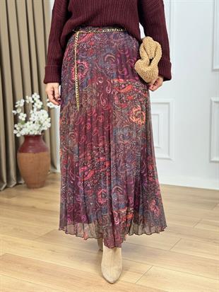 Bordo Desenli Zincir Kemerli Piliseli Etek 041101