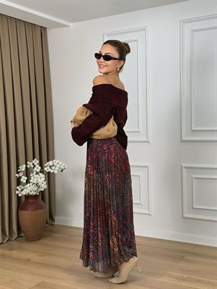 Bordo Desenli Zincir Kemerli Piliseli Etek 041101