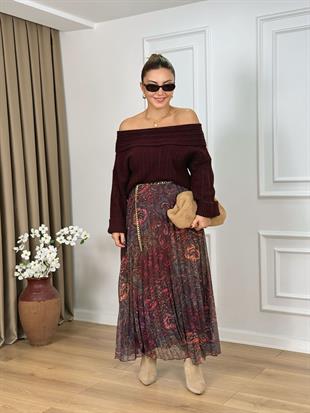 Bordo Desenli Zincir Kemerli Piliseli Etek 041101