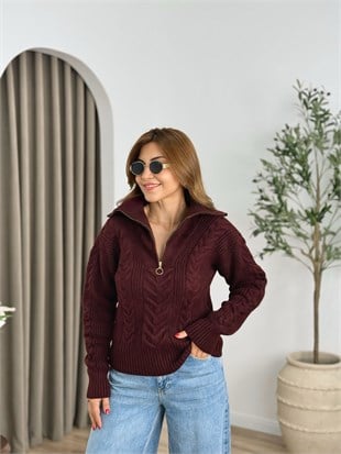 Bordo Dik Yaka Fermuarlı Triko Kazak 25713