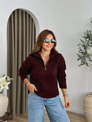 Bordo Dik Yaka Fermuarlı Triko Kazak 25713