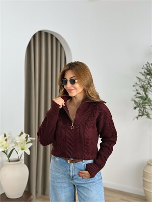 Bordo Dik Yaka Fermuarlı Triko Kazak 25713