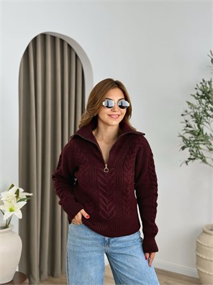 Bordo Dik Yaka Fermuarlı Triko Kazak 25713