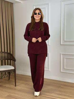 Bordo Dik Yaka Kazak Pantolon Triko Takım 23772