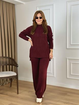 Bordo Dik Yaka Kazak Pantolon Triko Takım 23772