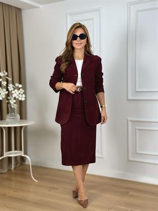 Bordo Düğmeli Astarlı Nubuk Blazer Ceket 4445