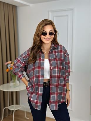 Bordo Düğmeli Ekose Desenli Gömlek 2227