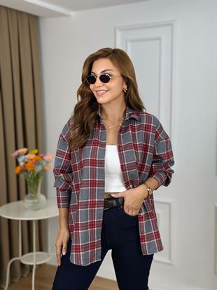 Bordo Düğmeli Ekose Desenli Gömlek 2227