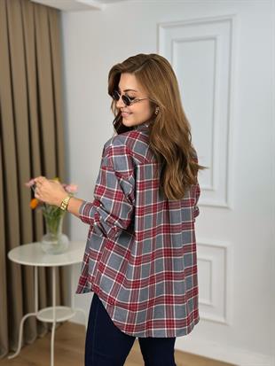 Bordo Düğmeli Ekose Desenli Gömlek 2227