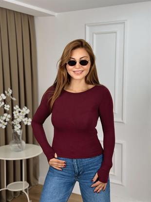 Bordo Kayık Yaka Modal Kumaş Uzun Kol Orjinal Bluz 8892