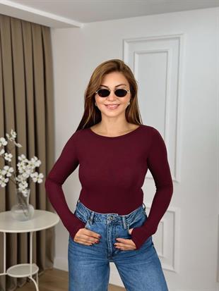 Bordo Kayık Yaka Modal Kumaş Uzun Kol Orjinal Bluz 8892