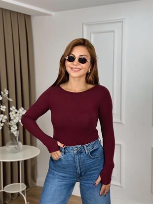Bordo Kayık Yaka Modal Kumaş Uzun Kol Orjinal Bluz 8892