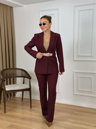Bordo Kemerli Astarlı Premium Kalite Atlas Kumaş Ceket Pantolon Takım 9257
