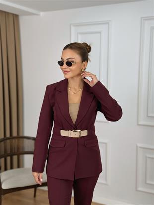 Bordo Kemerli Astarlı Premium Kalite Atlas Kumaş Ceket Pantolon Takım 9257
