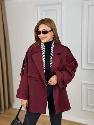 Bordo Kruvaze Yaka Cepli Kuşaklı Premium Kalite Astarlı Kaban 6136