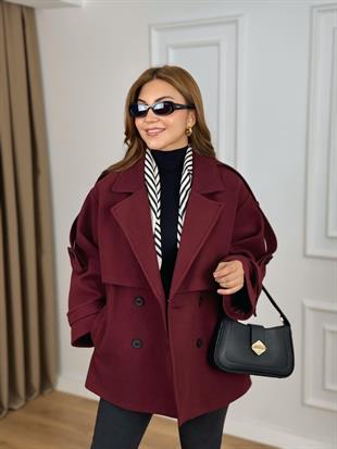 Bordo Kruvaze Yaka Cepli Kuşaklı Premium Kalite Astarlı Kaban 6136