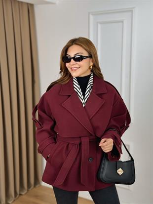 Bordo Kruvaze Yaka Cepli Kuşaklı Premium Kalite Astarlı Kaban 6136