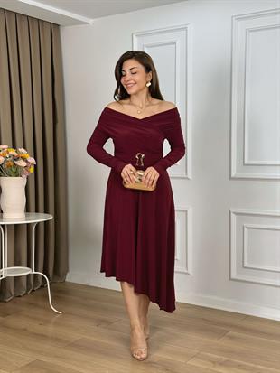 Bordo Kruvaze Yaka Drapeli Asimetrik Kesim Sandy Kumaş Elbise 265123