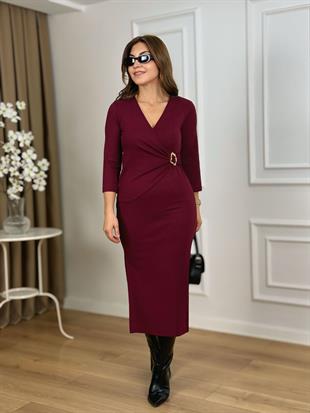 Bordo Kruvaze Yaka Gold Tokalı Yırtmaçlı Modal Kumaş Elbise 265085