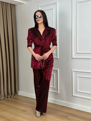 Bordo Omzu Vatkalı Kuşaklı Payetli Ceket Pantolon Takım 556