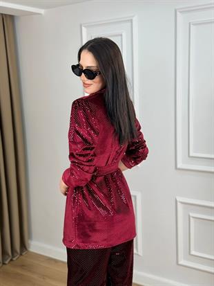Bordo Omzu Vatkalı Kuşaklı Payetli Ceket Pantolon Takım 556